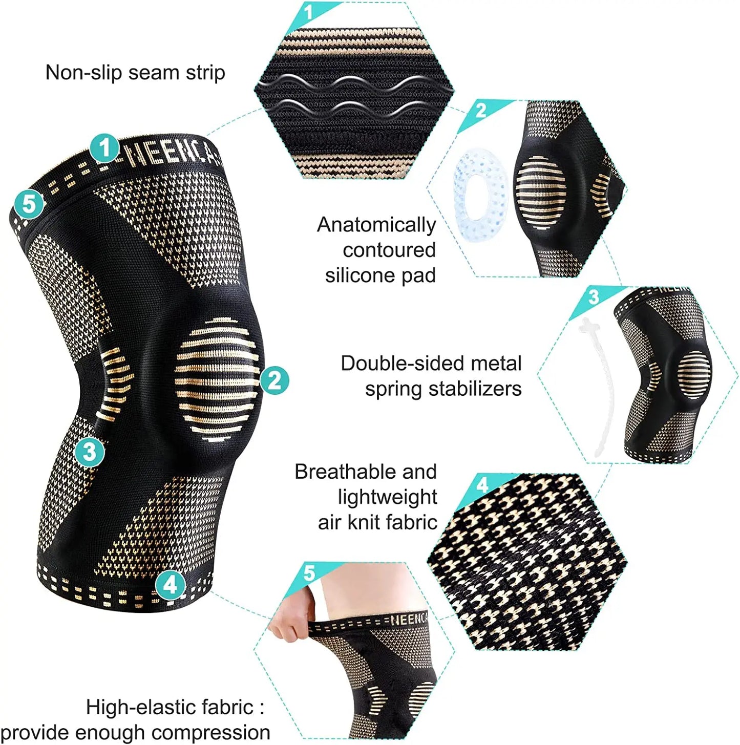 NEENCA Copper Knee Brace Knee Support with Patella Gel Pad &Side Stabilizers for Knee Pain Sport Arthritis ACL Joint Pain Relief