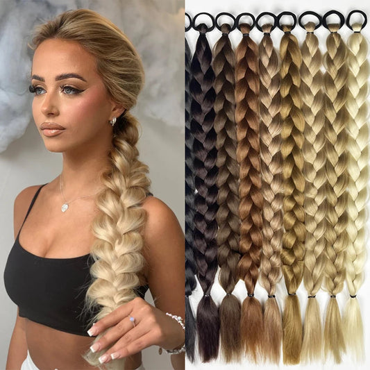 Synthetic Long Twist Braid Ponytail Extensions With Rubber Band 24 Inch Boxing Braided Hair Extensions For Women Daily Use