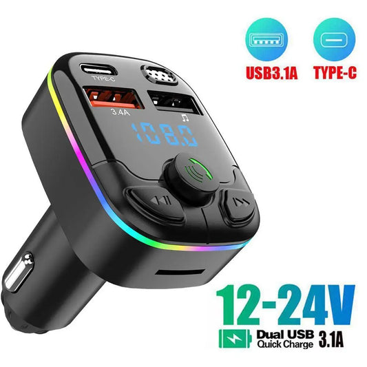 Car Bluetooth 5.0 FM Transmitter PD Type-C Dual USB 3.1A Fast Charger Colorful Ambient Light Handsfree MP3 Modulator Player