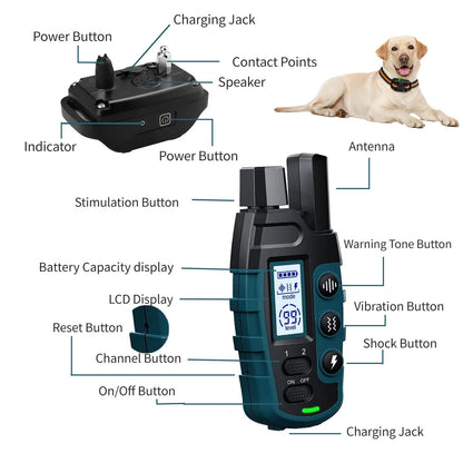 1000M Remote Pet Dog Training Collar IP67 Waterproof Shock Vibration Rechargeable Collar Pet Trainer Anti Bark Stop For 2 Dogs