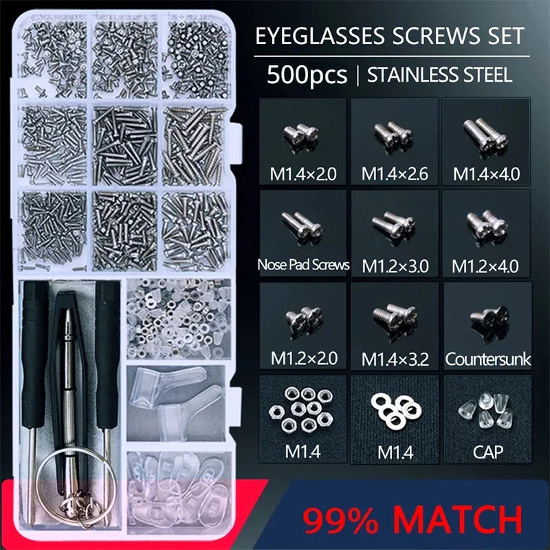 500pc Eyeglasses Sunglasses Repair Kit Tool Glasses Screwdriver Screws Sets Nuts Nose Pad Optical Repair Tool Parts Assorted Kit