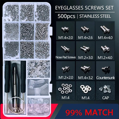 500pc Eyeglasses Sunglasses Repair Kit Tool Glasses Screwdriver Screws Sets Nuts Nose Pad Optical Repair Tool Parts Assorted Kit