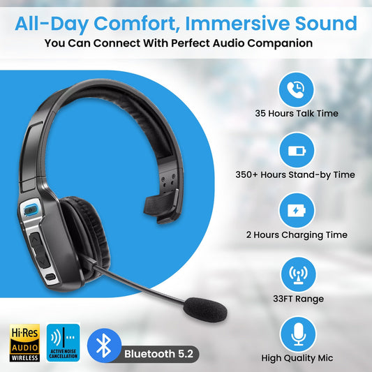 Trucker Headset Wireless Bluetooth 5.2 AI Noise Cancelling Mic For Phones PC-usashopcenter.com